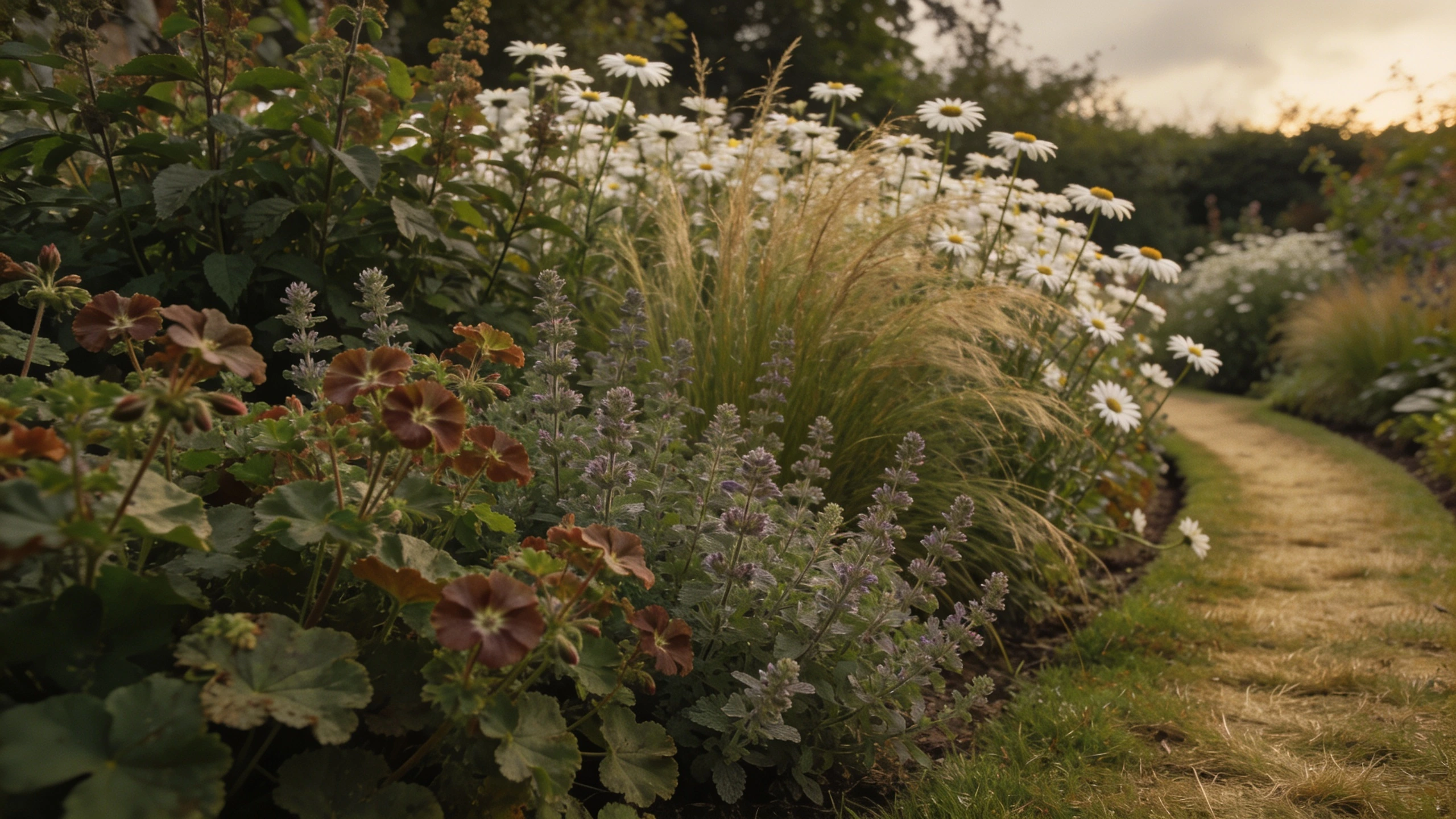 Deep cottage-style border of geranium, catmint and grasses with a mown path